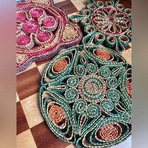 Retro Colorful Rattan Wicker Trivets | Set of 3 | Vintage